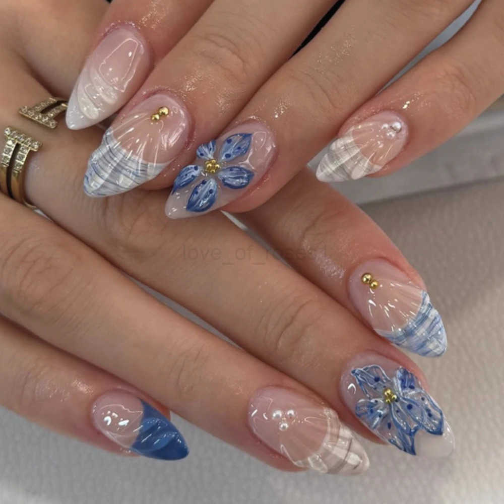 Blue White French 3D Flower Shell Nail Art Summer Beach Fashion Almond False Nails Detachable Finished Fake Nails Press on Nails Z250807