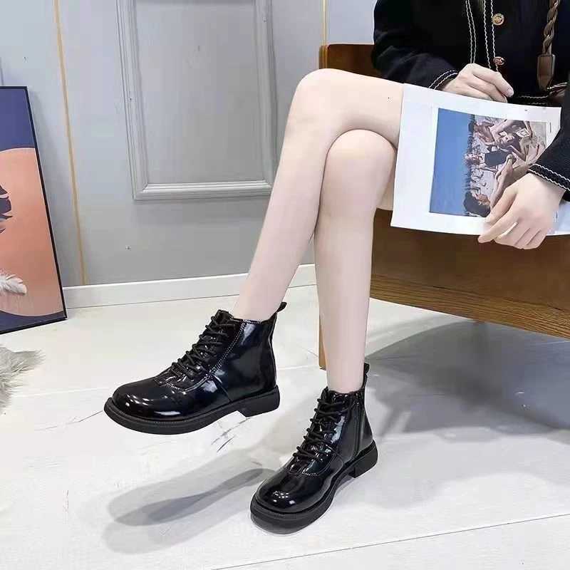 Black Short Shoes for Women Female Ankle Boots Lace-up with Laces Leather Round Toe Footwear Booties Comfortable and Elegant Y2k XJ250807