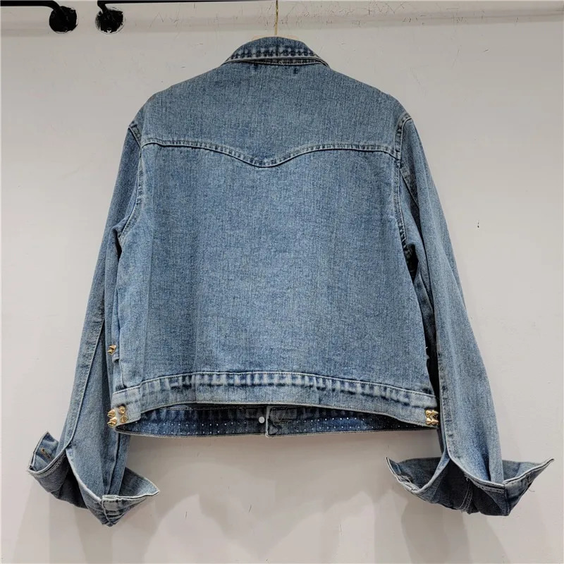 Heart Rivets Diamonds Denim Bomber Coat Love Shaped Spring Pearls Beads Jeans Jacket Rhinestones Cowboy Cardigan Crystal Tops 250804