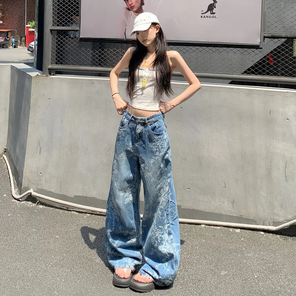 Womens Fashion Straight Jacquard Casual Denim Pants Arrival Female Wideleg Jeans Trendy Trousers 250807