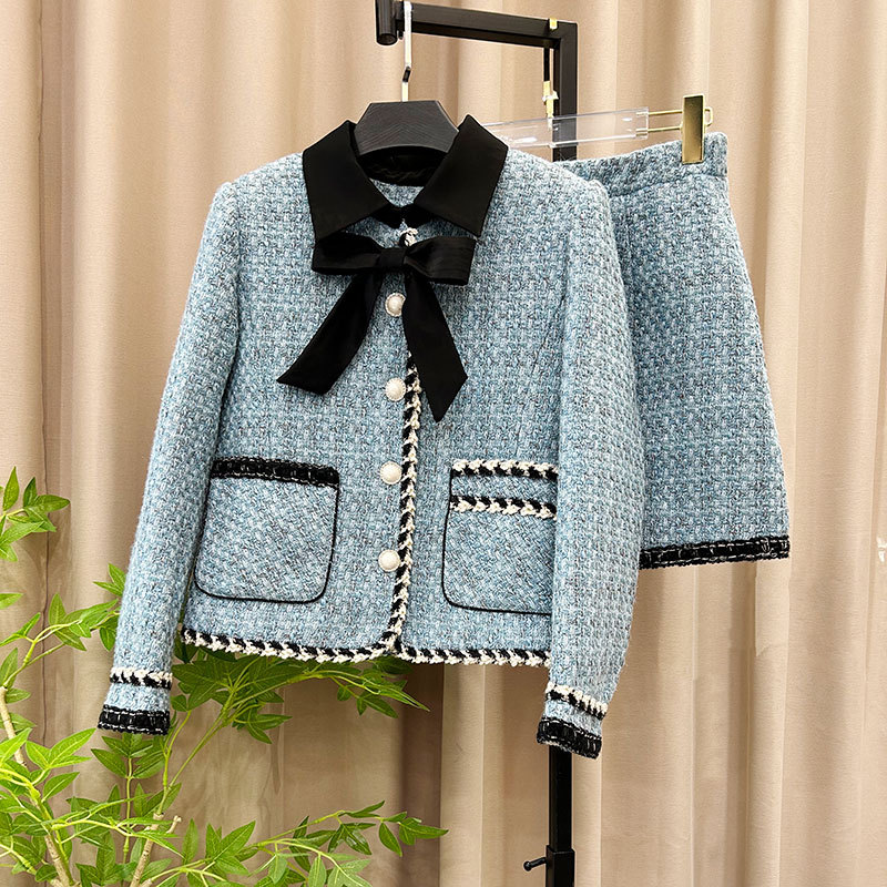 Women's Jackets 2025 Fashionable And Elegant Age-reducing Lapel Single-breasted Bow Light Luxury Socialite Temperament Tweed Jacket Coat Skirt Tw