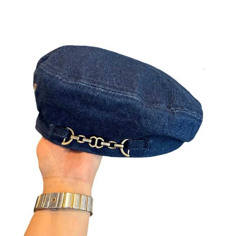 New Denim French Style Hat Chain Beret Childrens Outdoor Pumpkin Hat Versatile Hat Big Head Circumference Painter Hat XJ250807