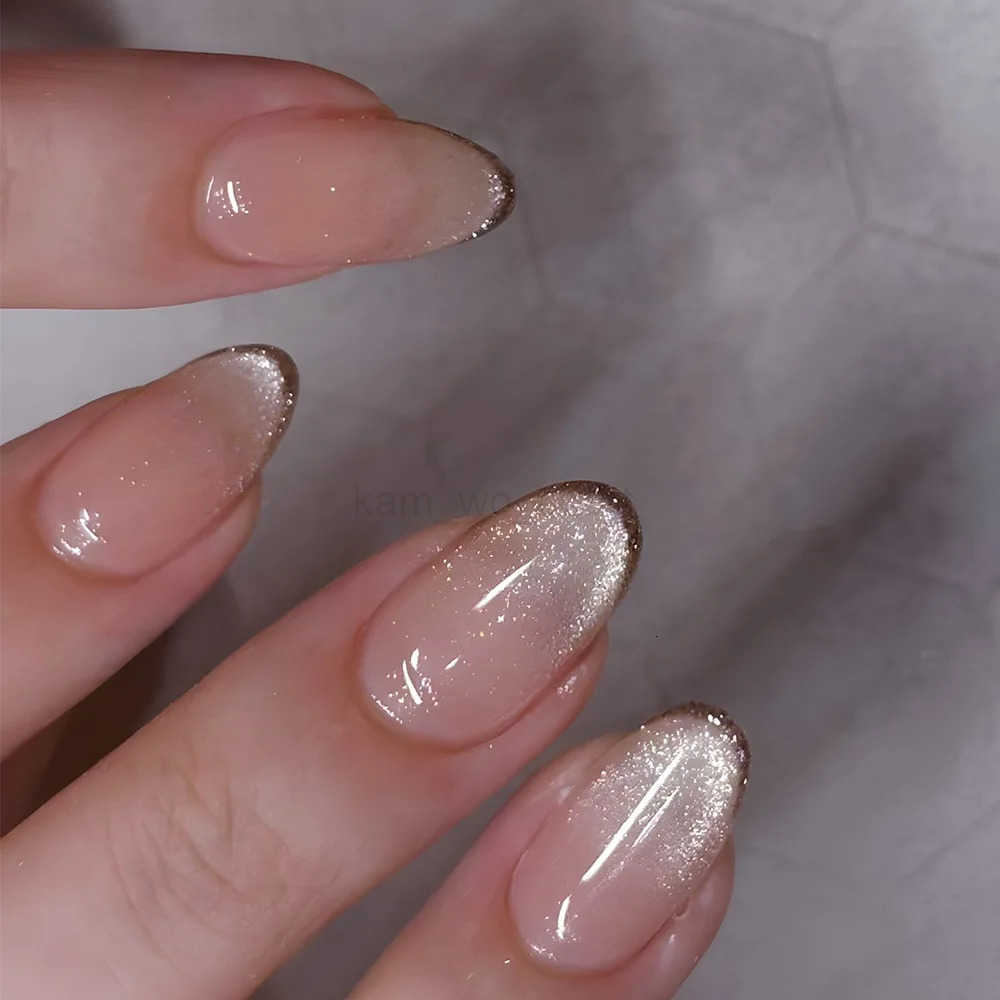 24Pcs Crystal Cat Eye False Nails Short Almond Press-on Nails Glossy Glitter Stick-on Nails Full Cover Acrylic Manicure Nail Art M250807