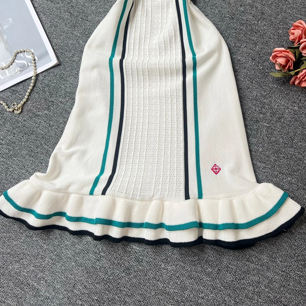 YuooMuoo Women Dress Summer Vintage Turndown Collar Knitted Mini Lady Slim Elastic Ruffled Bodycon Party Robes 250807