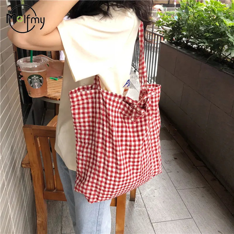Canvas Bag Woman Casual Plaid Women Shopping Bag Large Capacity Cute Tote Handbags Cloth Double-sided Girls Frenum Shoulder Bags 250807