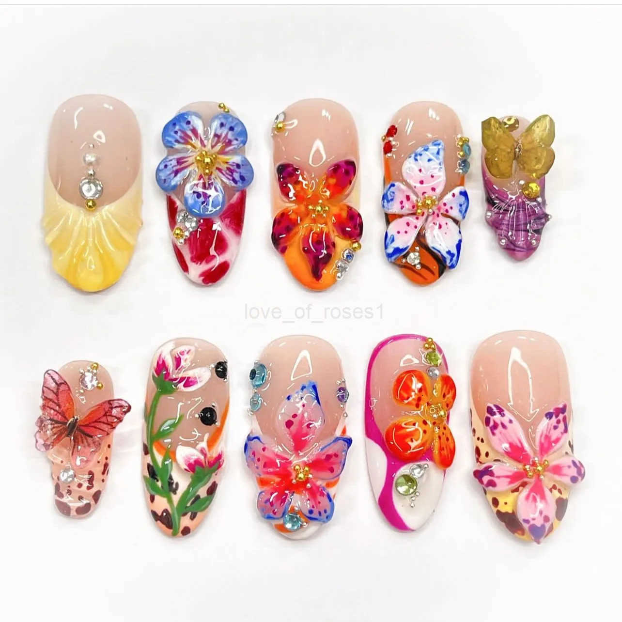 24pcs Tropical Flower Press On Nails Colorful French 3D Crystal Butterfly Shell Pattern Printed False Nails Almond Fake Nails Z250807