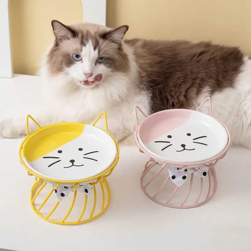 New Ceramic Pet Bowl Cat Food Feeding Double Dish Stainless Steel Raised Stand Kitten Dog Water Feeder Durable Pet Accessories Y250806