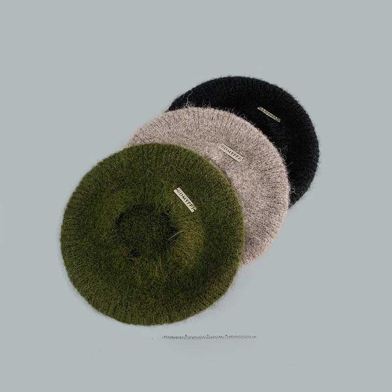 Autumn Winter Knitted Berets for Women Mohair Iron Standard Knitted Hat Girls Plush Painter C All-match Cute Womens Hats XJ250807