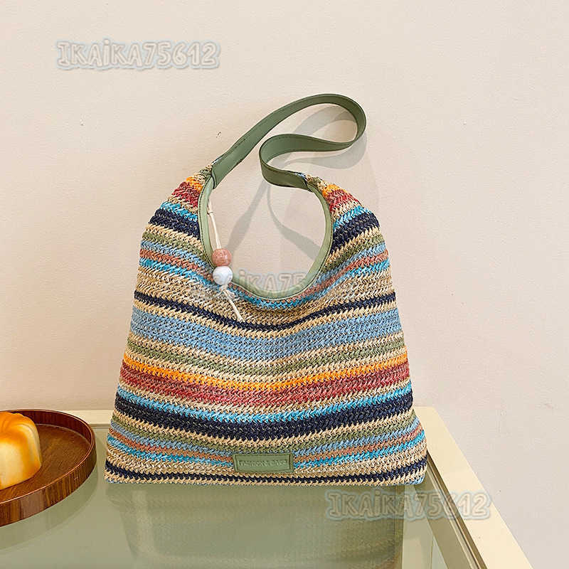 2024 Summer New Simple Straw Woven Handbag Striped Color-block Fashion Large Capacity Shoulder Tote Bag H250806