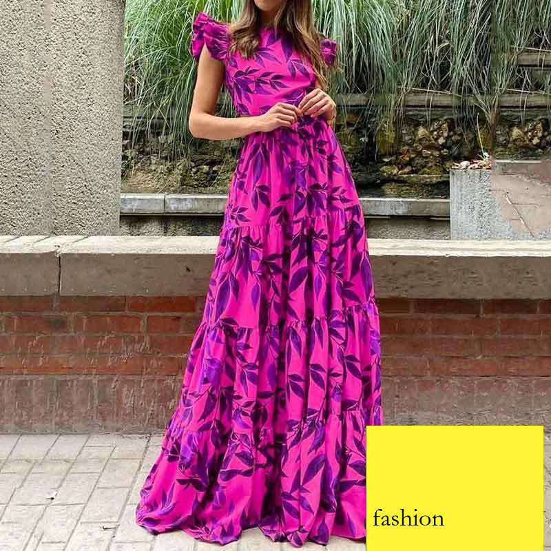 Red Carpet Evening Spring New Women's Fashion Printed Flutter Sleeve High Waist Dress B5 h7