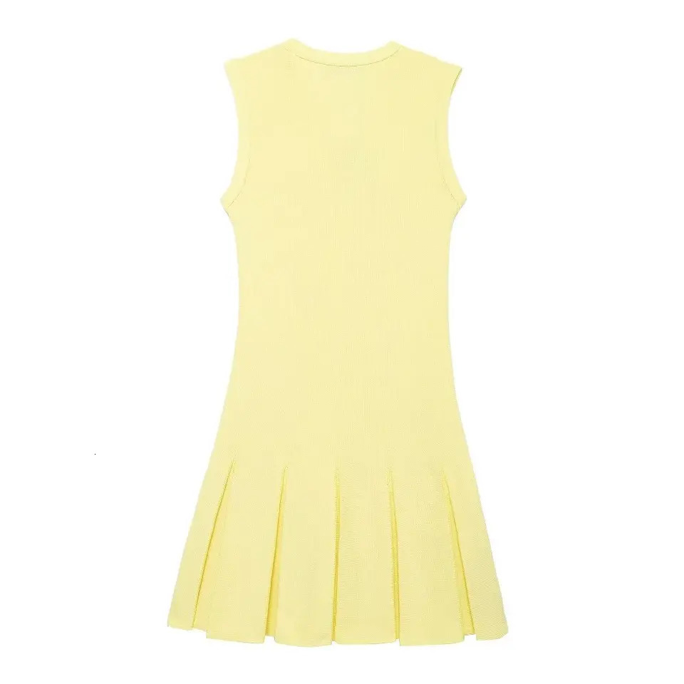 TRAFSHE Women Pale Yellow Knitted Pleated Dress Summer Fashion Pockets ONeck Sleeveless Aline Mini Official 250807
