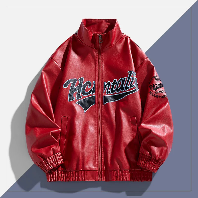 Spring and autumn ruffian handsome jacket mens leather jacket mens coat contrast color racing suit Hong Kong style jacket men 250805