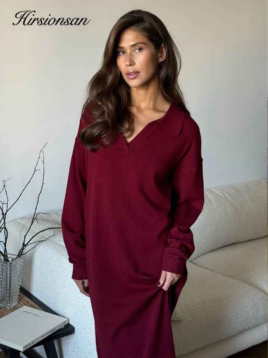 Hirsionsan Long Sleeve Autumn Winter Loose Polo Neck Sweater Dresses Women Soft Elegant Solid Knit Dress Female 2025 Clothes 250806