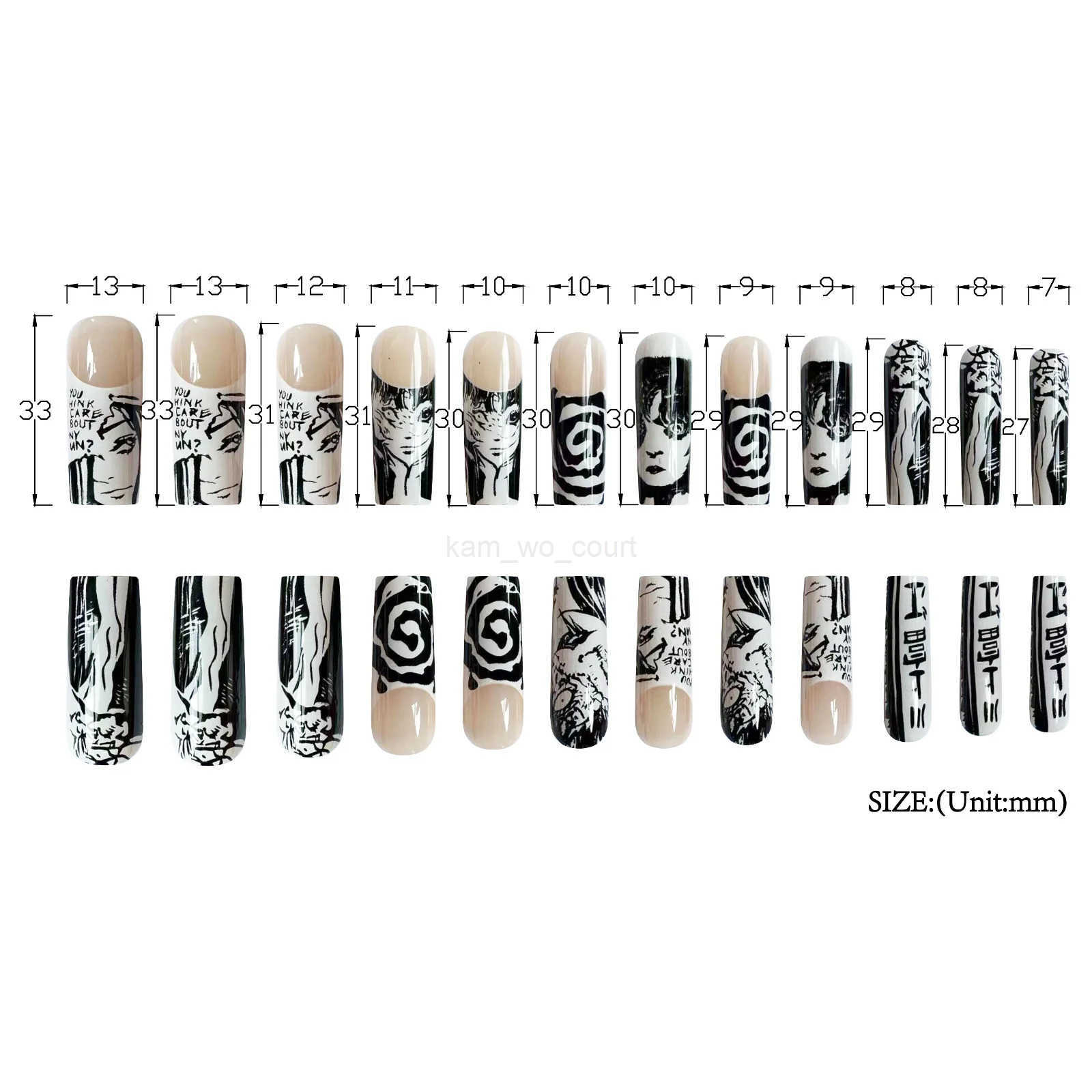 24PCS/Set Almond Pointed Kawakami Tomie Press-on Nails Wearable Artificial Advanced Japanese Comics Pattern Fake Nails for Women M250807