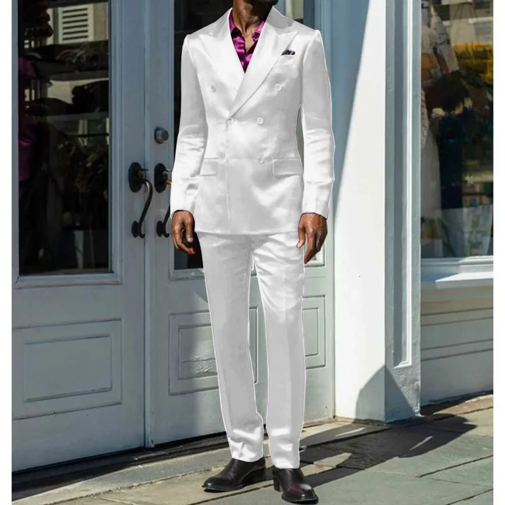 Fashionable Men Suits Satin 2 Piece Jacket Pants Sets High Quality Prom Party Blazer Double Breasted Lapel Male Clothing 250807