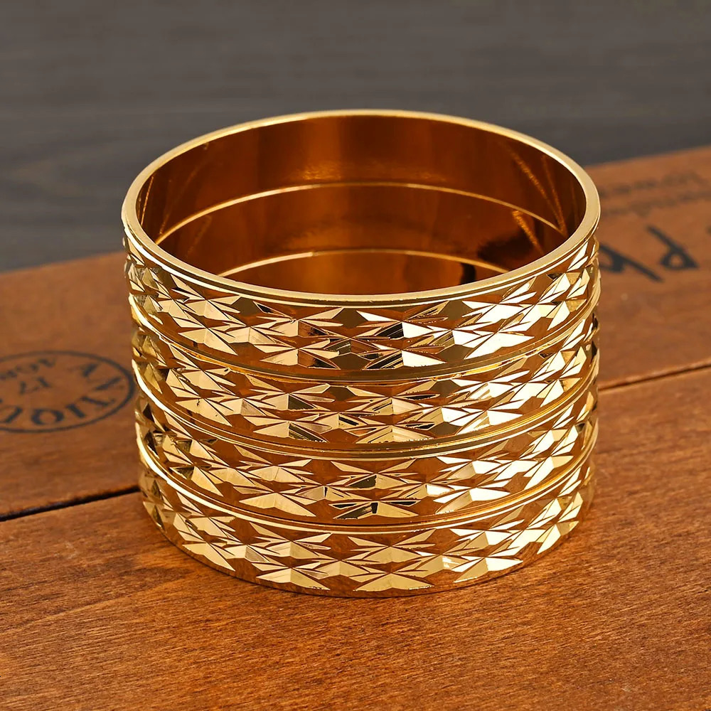 4Pcs 18k 8mm Width 45MM 55MM 65MM 70MM Dubai Baby Cute Bangles For Girl Jewelry Gold Color Bangles Girls Birthday Jewelry Gifts 250805