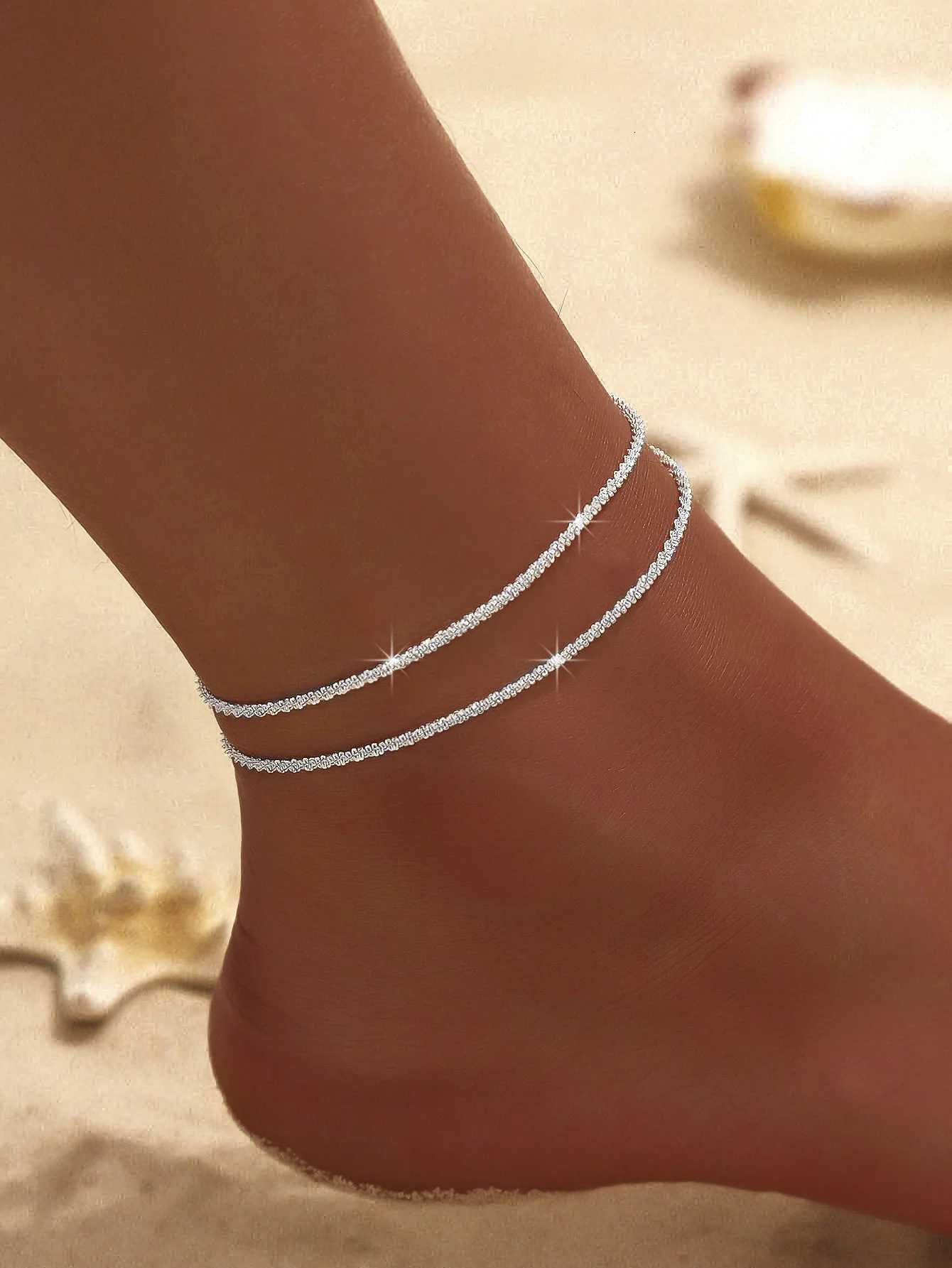 Summer Shiny Sparkling Simple Silver Color Anklet Zircon Cross Pearl Double Layer On Leg Foot Trendy Beach Jewelry Y250805