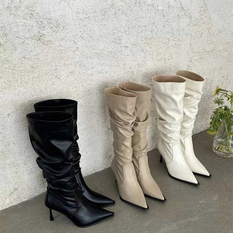 2024 Sharp Pointed Womens Shoes Hot Sell Long Tube Pleated Womens Boots Look Slim Sexy Trendy High Heeled Boots XJ250807
