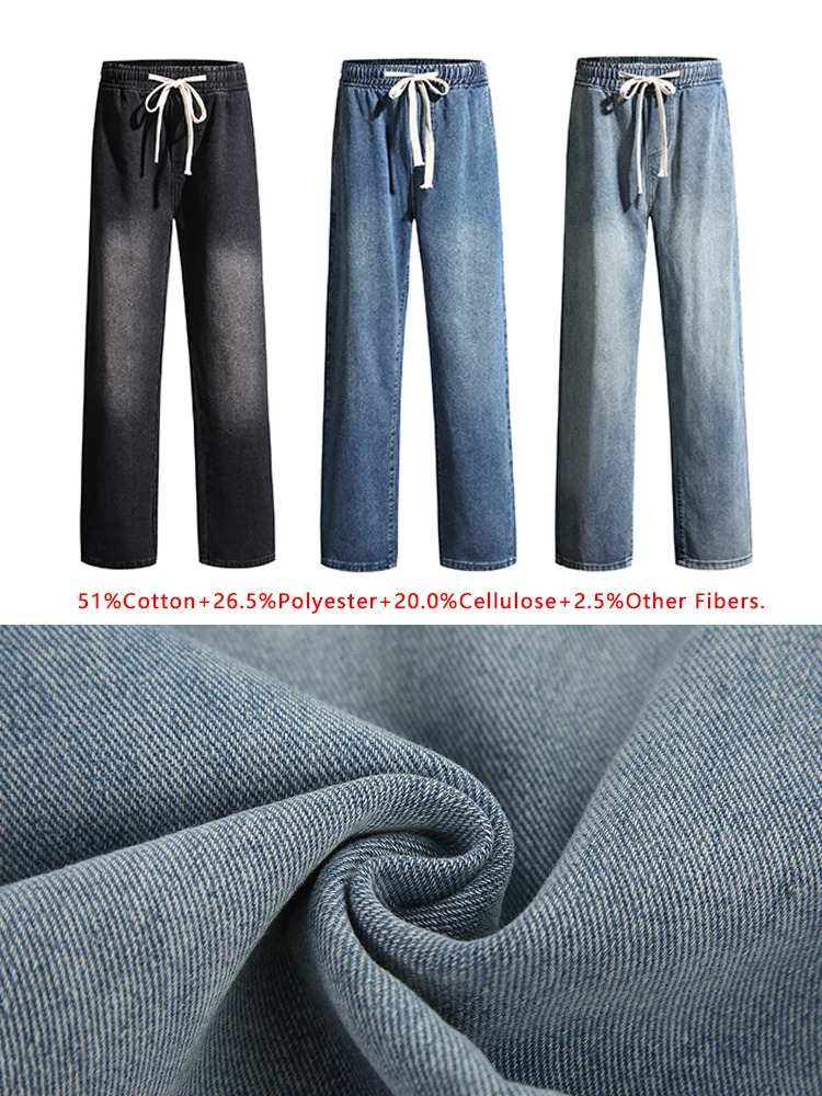 Mens Spring Summer SemiWide Leg Jeans Korean Fashion Washed Cotton Casual Denim Pants Black Blue Straight Trousers 250807