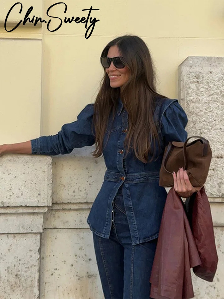 Casual Denim Jacket Pants Set Women Slim Buttons Jackets High Waist Hip Package Pant 2025 Autumn Lady Street Outfit 250804