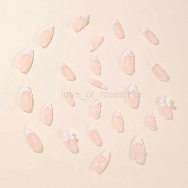 24Pcs Almond White French Press on Nails Pearl Bow False Nails Short Rhinestones Removable Nail Stickers for Women and Girls Z250807