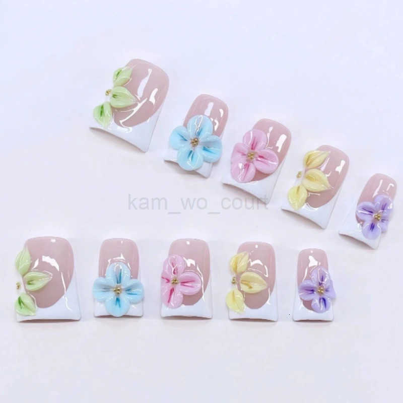 10pcs Y2K Duckbill Press On Nails Set White French Nail Tips 3d Handmade Carved Flower Nails with Steel Ball Design for Women Manicure M250807
