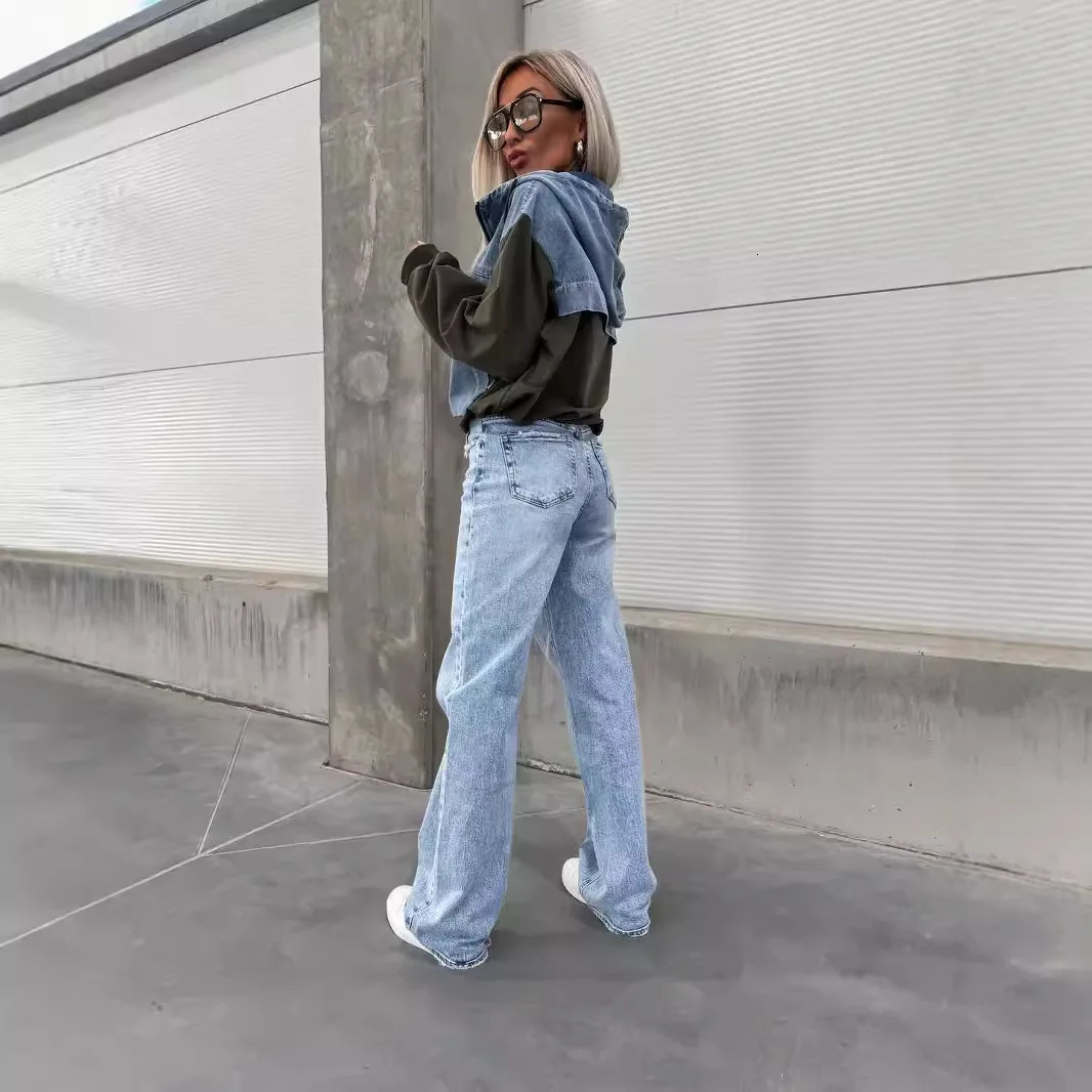 Washed Denim Sweater Hoodies Women Loose Vintage Hooded Pullover Tops Autumn Patchwork Sweatshirt Female Streetwear 250806