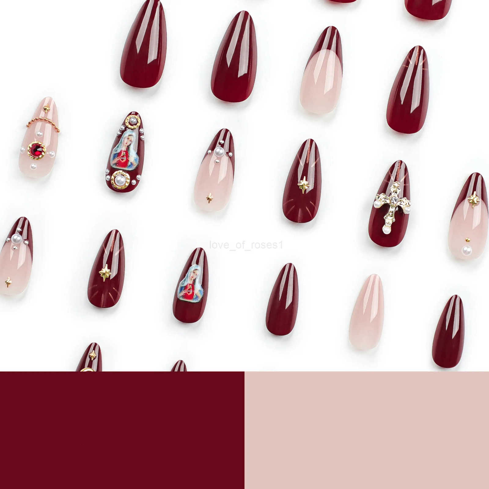 24pcs Baroque Style False Nails with Gold Moon Star Design Almond Fake Nail Patches Wearable Heavy Metal French Press on Nails Z250807