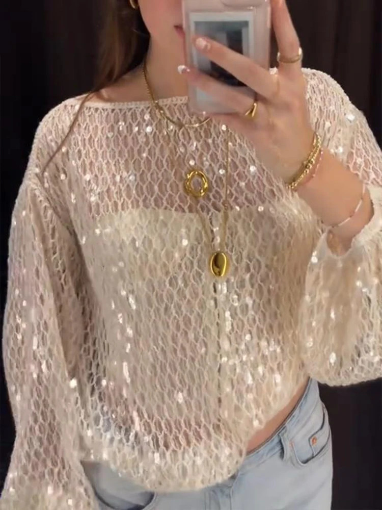 Fashion Sequin Hollow Out Top For Women Flare Sleeve O-neck Transparent Loose Blouses 2025 Summer Chic Female Casual Outerwear 250804