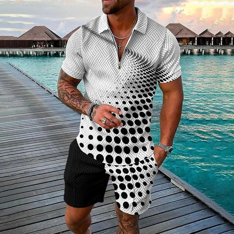 Casual Simple Mens Short Sleeve Sets Fashion Zipper Polo Shirts Shorts 2 Piece Outfit Summer Hip Hop Trend Loose Tees Top Suit 250807