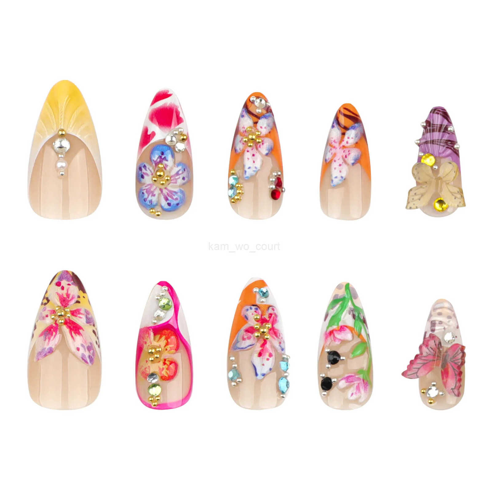 24pcs Tropical Flower Press On Nails Colorful French 3D Crystal Butterfly Shell Pattern Printed False Nails Almond Fake Nails M250807