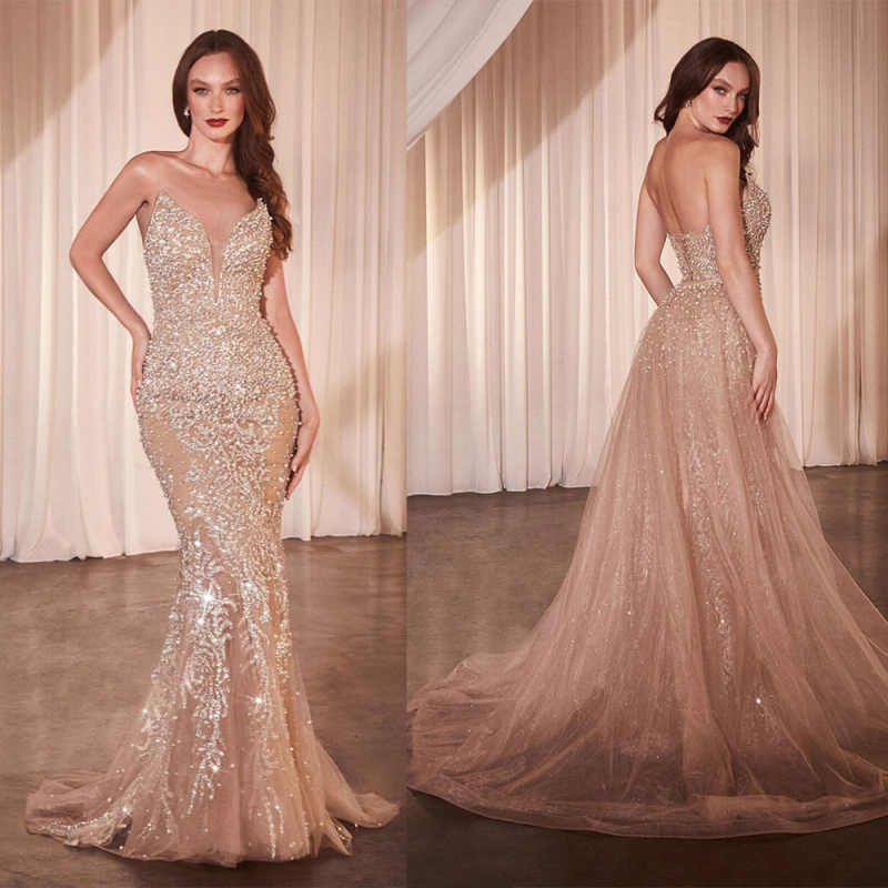 Gorgeous Mermaid Evening Dress Strapless Sleeveless Perals Sequins Prom Gowns Detachable Sweep Train Party Dresses Customized