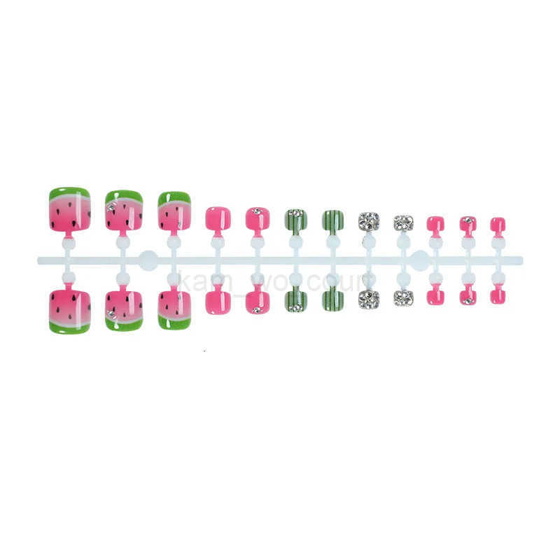 24pcs Colorful Painted Watermelon Fake Toenails Little Fresh Summer Beach Wearable False Toenails Shiny Diamond Press On Toenails M250807
