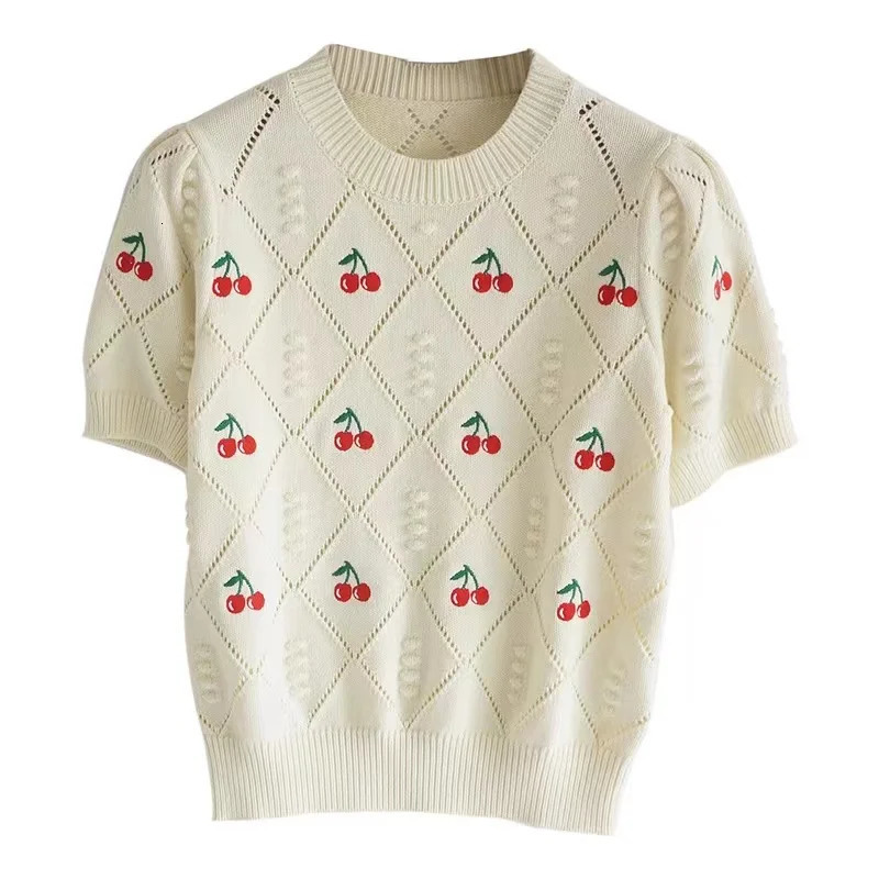 Summer Embroidery Short Sleeve Sweater Women T-Shirt Harajuku Streetwear O- Neck Casual Loose Slim Soft Knit Tops Pullover 250806