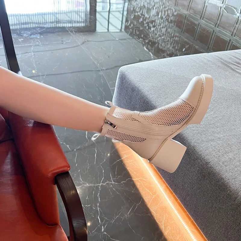 Summer White Hollow Womens Thick Heel High Heel Mesh Boots with Small Short Boots Breathable Thin Style XJ250807