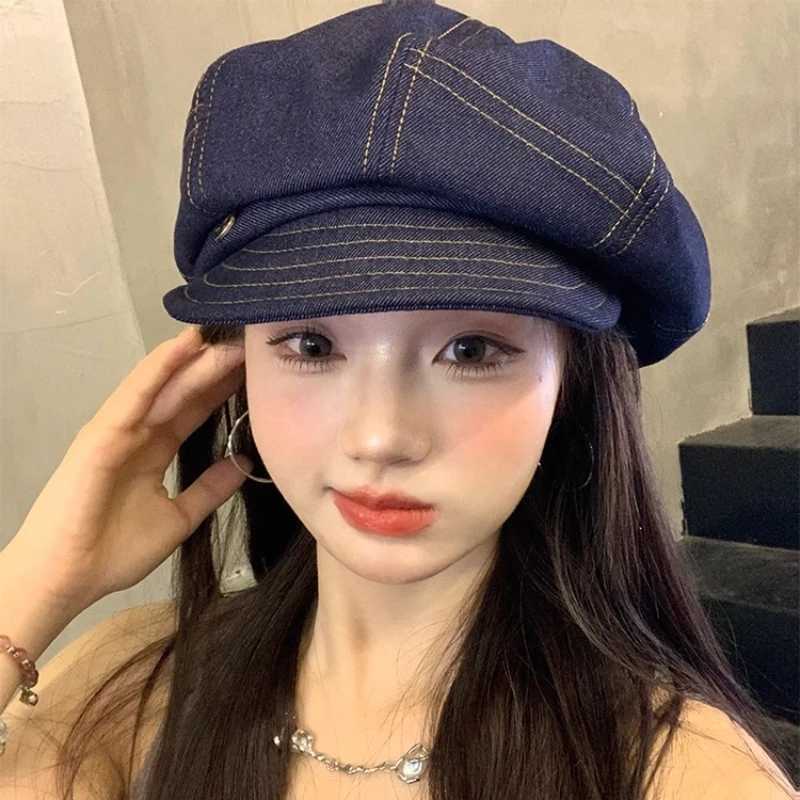 Janese Retro Literary Denim Newsboy Hats Women Show Face Small Summer and Autumn Travel Casual Versatile Octagonal Berets XJ250807