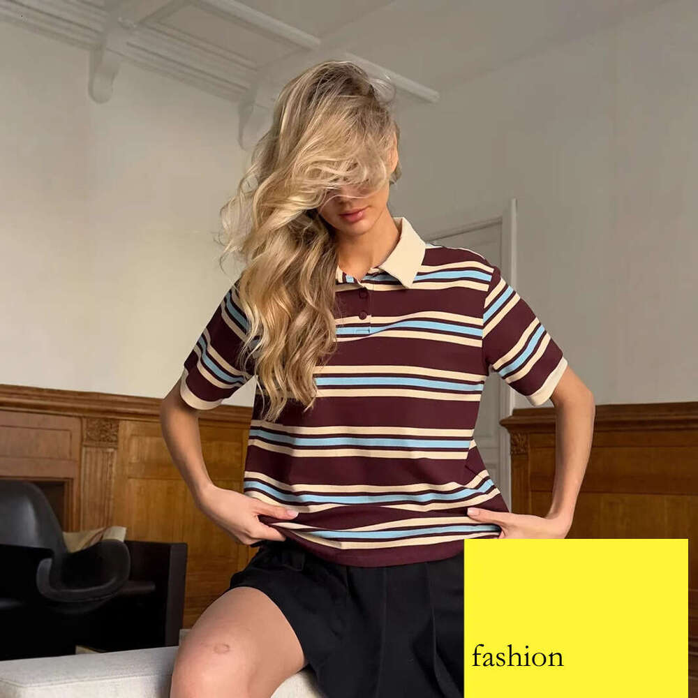 Summer New American Style Color Block Striped Polo Shirt Loose Short Sleeve T-Shirt For Women Ins B5 h7