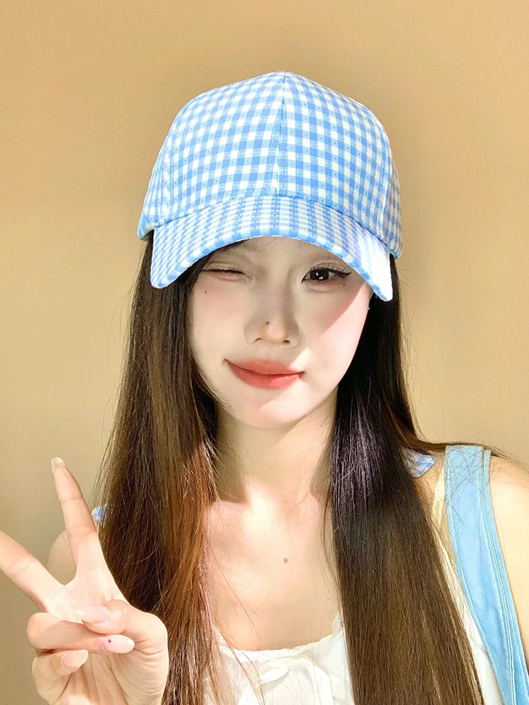 Japanese Blue Plaid Bow Baseball Cap Female Korean Version Casual Versatile Big Size Sunshade Hard Top Sun Baseball Cap 250730
