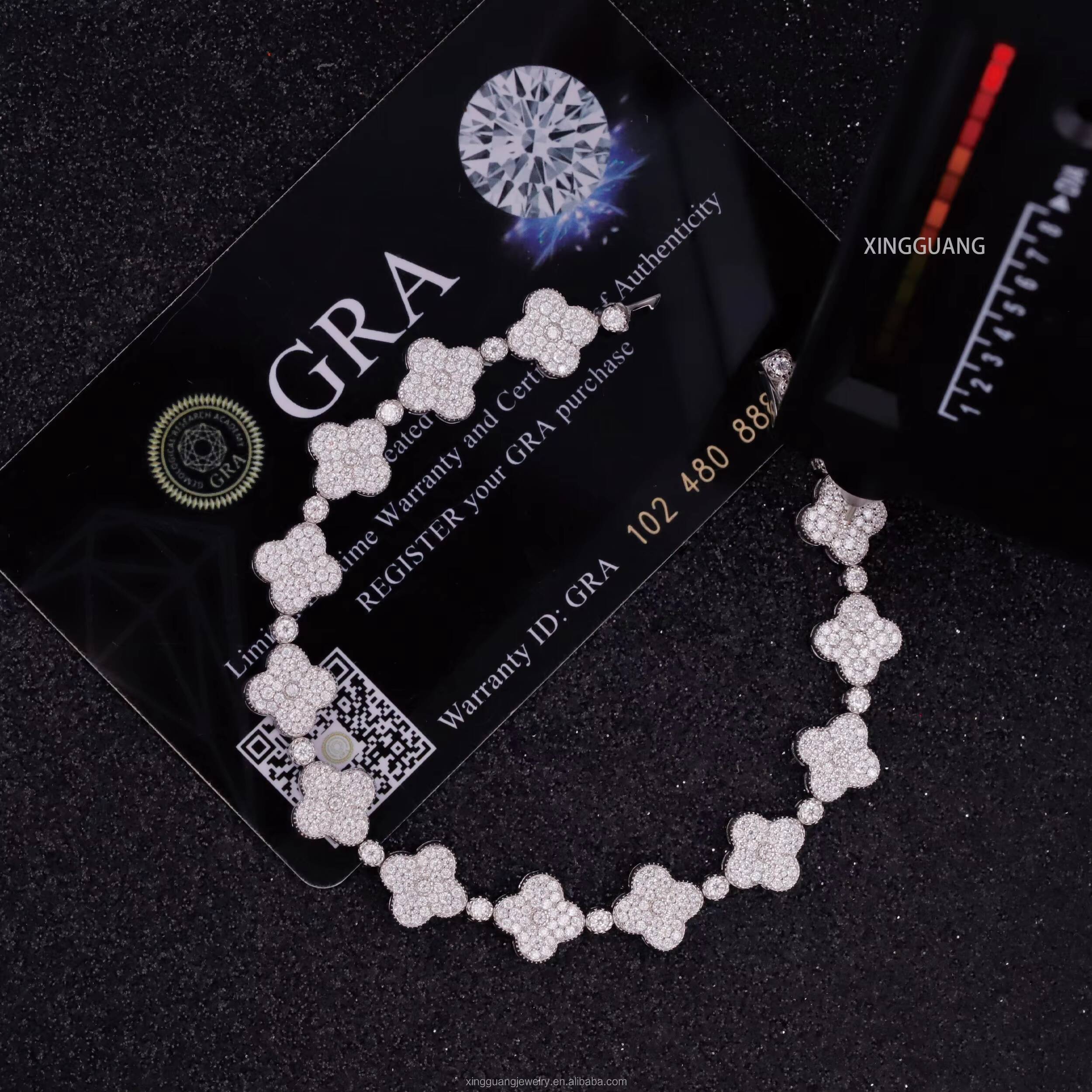 Hip Hop Style 925 Sterling Silver 9mm VVS1Moissanite Diamond Clover Bracelet Tennis Chain Come with GRA Certificate