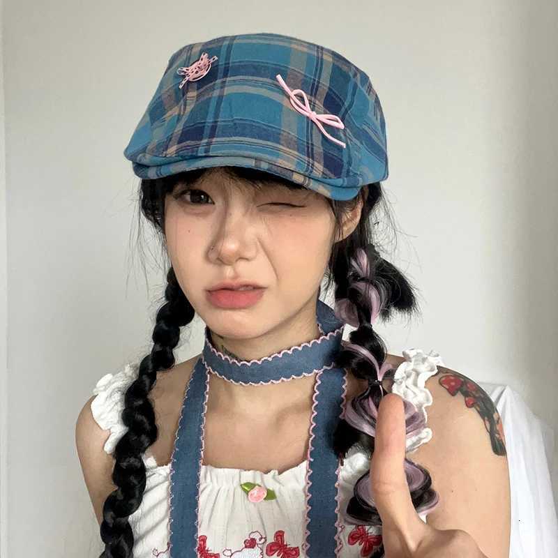 Original Bow Contrasting Color Plaid Newsboy Hats for Women Show Face Summer Thin Versatile Sunscreen Vintage Berets C Y2k XJ250807