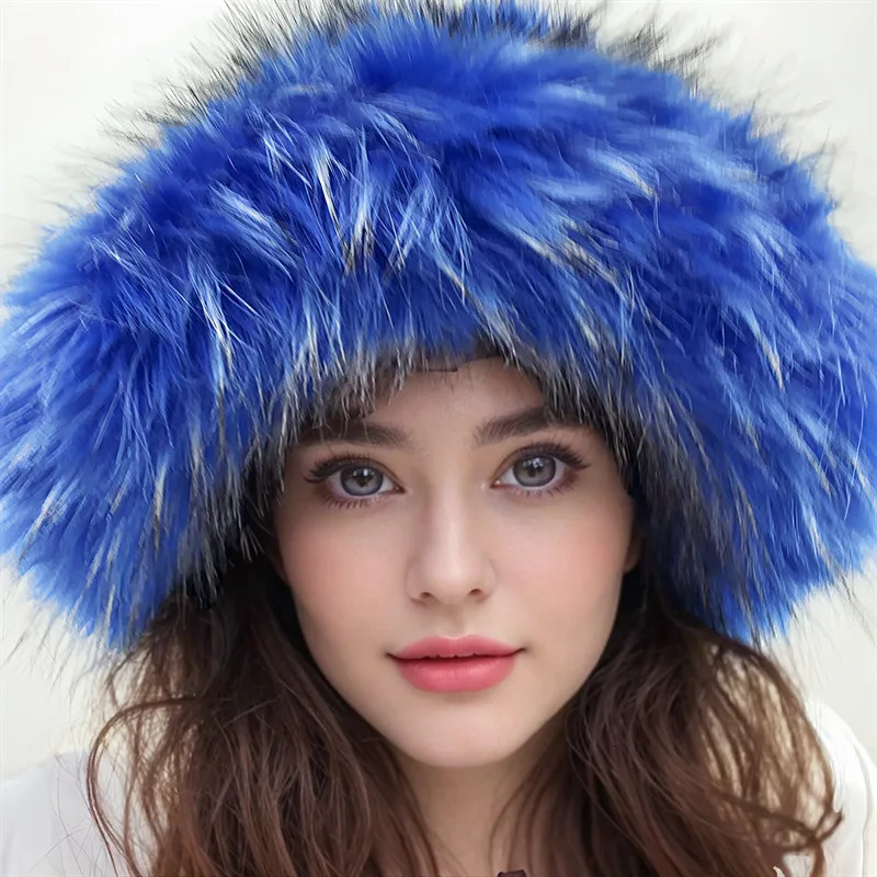 Winter Warm Plush Bucket Hat Women Oversize Earflaps Fluffy Faux Fur Hats Fashion Furry Raccoon Fur Cotton Hat Solid Color Hats 250806