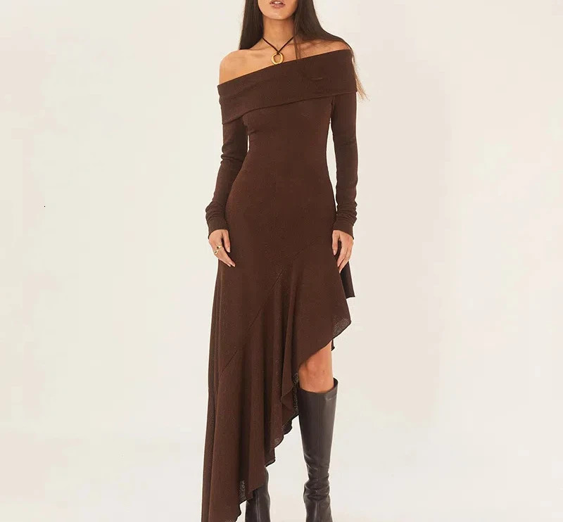 Ins Style Women Clothing Temperament One Shoulder Long Sleeved Close Fitting Lotus Leaf Side Party Length Slim Women Dresses 250728