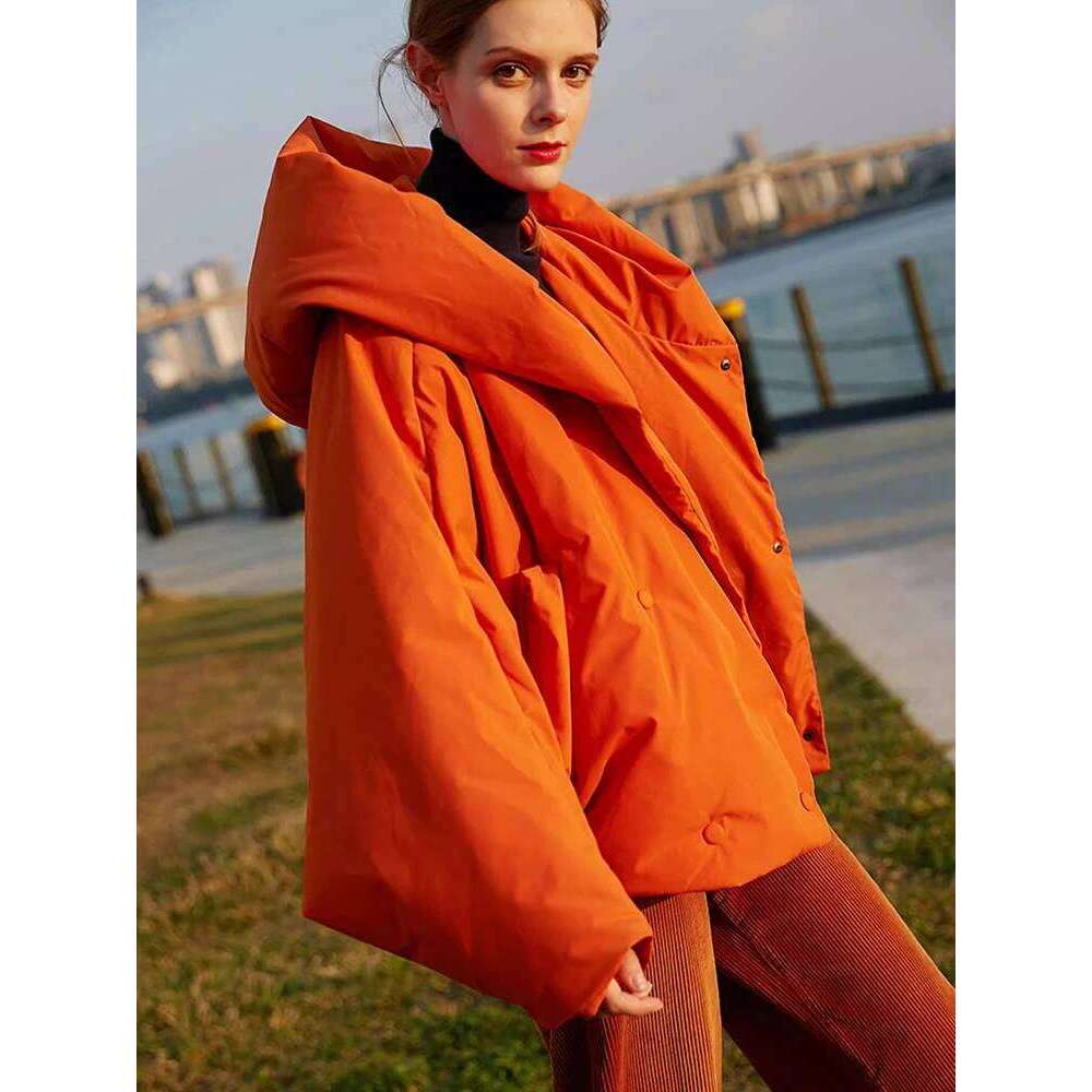 Designer Clothing 2025 Winter New Hooded Long Sleeve Warm Coats Women's Parkas Fashion Tide Loose Fluffy Orange Red Oversized Down Jacket