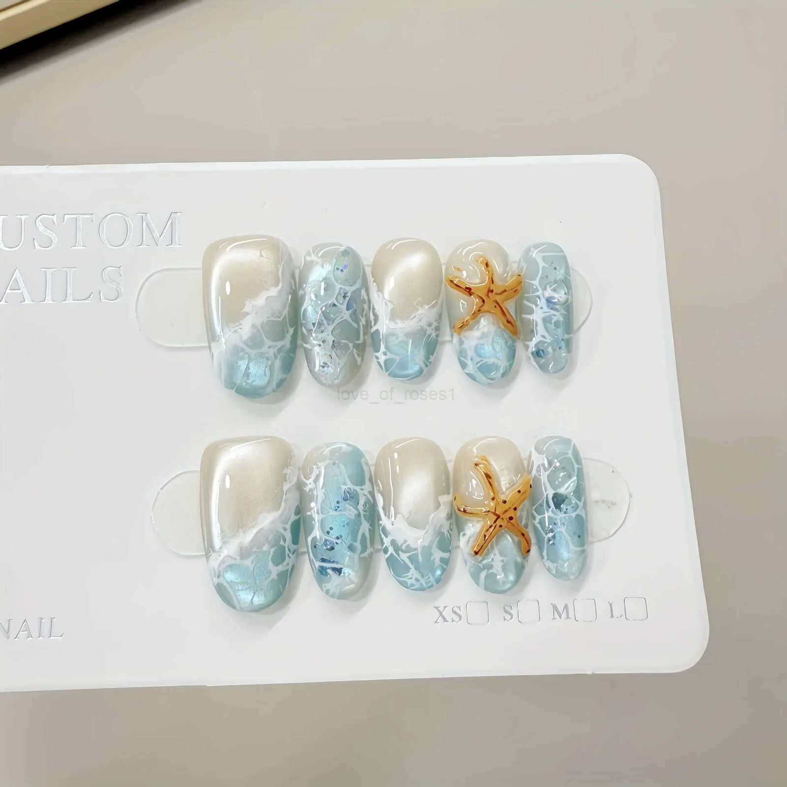 10pcs Handmade Press-on Nails Summer Wave Ripple Starfish Full Coverage Nail Tips for Women Girls Detachable Wearable Nails Z250807