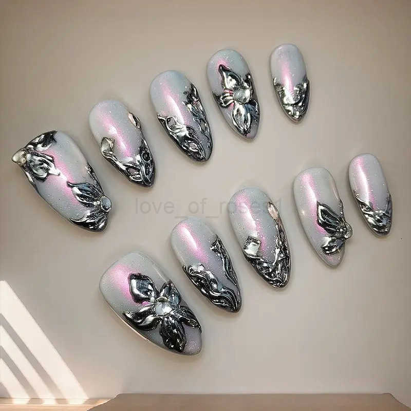 10pcs Handmade Y2K Press-on Nails Reusable Adhesive Almond Powder False Nails Manicure Fake Nails Art Gorgeous Medium-length Tips Z250807