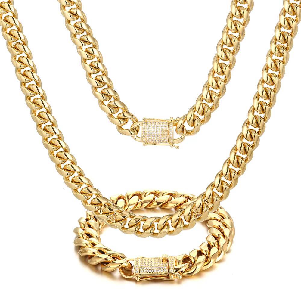 N003 Hip Hop Iced Clasp Stainless Steel Collar Cubano Necklace Miami Gold Cuban Link Chain