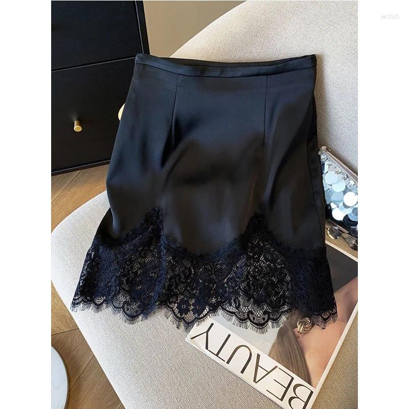 Ladies Fashion Lace Patchwork Satin A-line Skirt Summer High Waist Solid Color Temperament Skirt Women Clothes Simplicity Skirt
