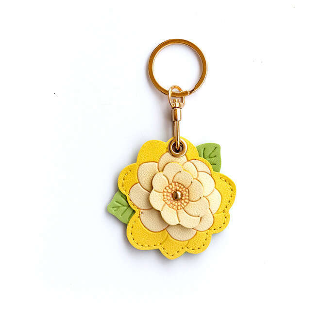 DHessentials Elegant Camellia Keychain & Badge Holder - Leather Card Case with Alloy Flower Charm for Keys/Purse (6.4cm, 15g)