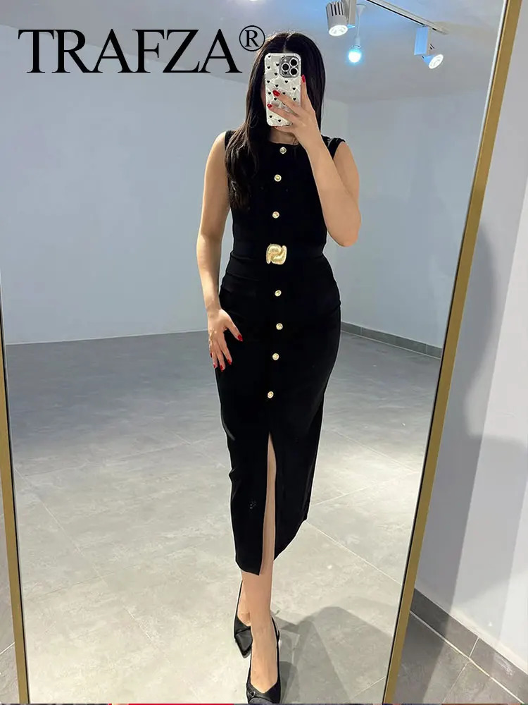 TRAFZA Female Summer Elegant Midi Dress ONeck Hem Slit With Belt Sleeveless Single Breasted Back Zipper Fashion Long 250807