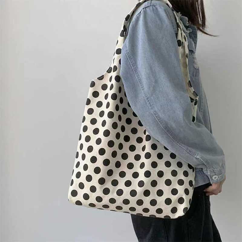 Effortless Chic Lady Polka Dot Handbag Large Capacity Beach Travel Canvas Tote Bag Lazy Aesthetic Artistic Casual Shoulder Bag Z250807